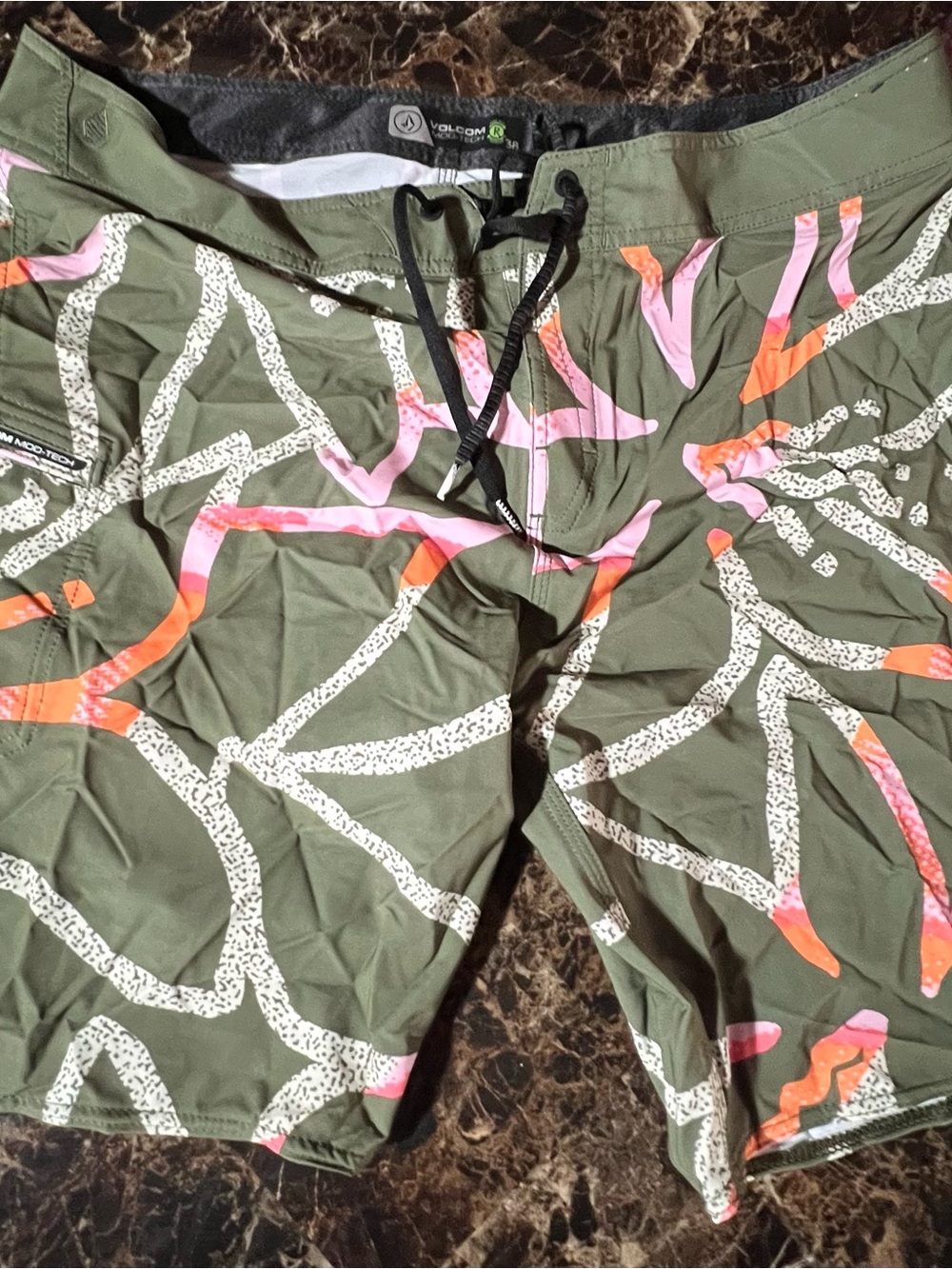 Volcom Olive Swim Shorts with Pink & Orange Graphic